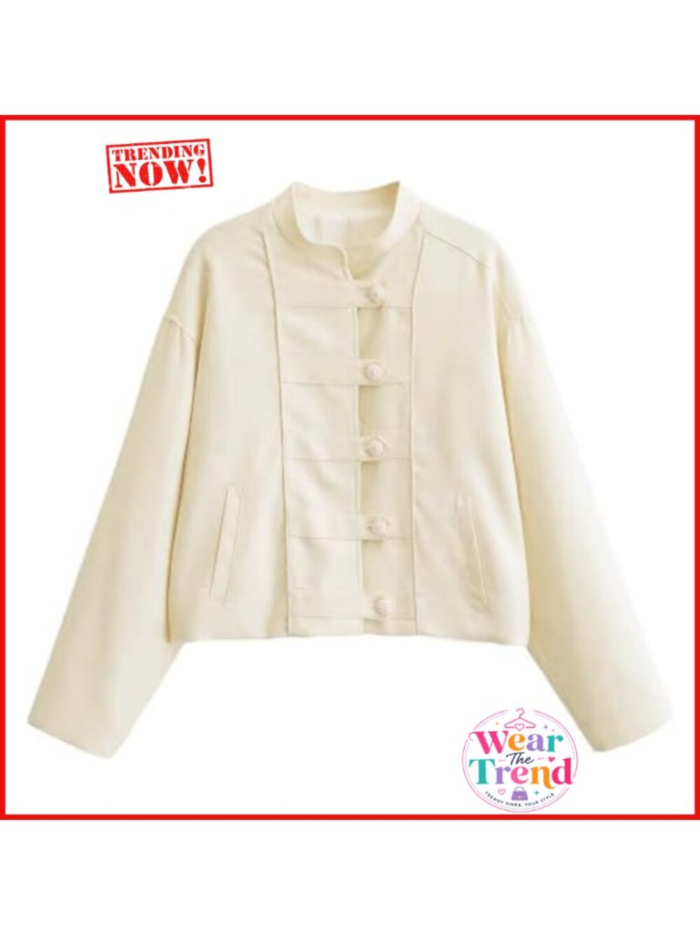 Lightweight Cropped Military Jacket with Frog Button High Neck